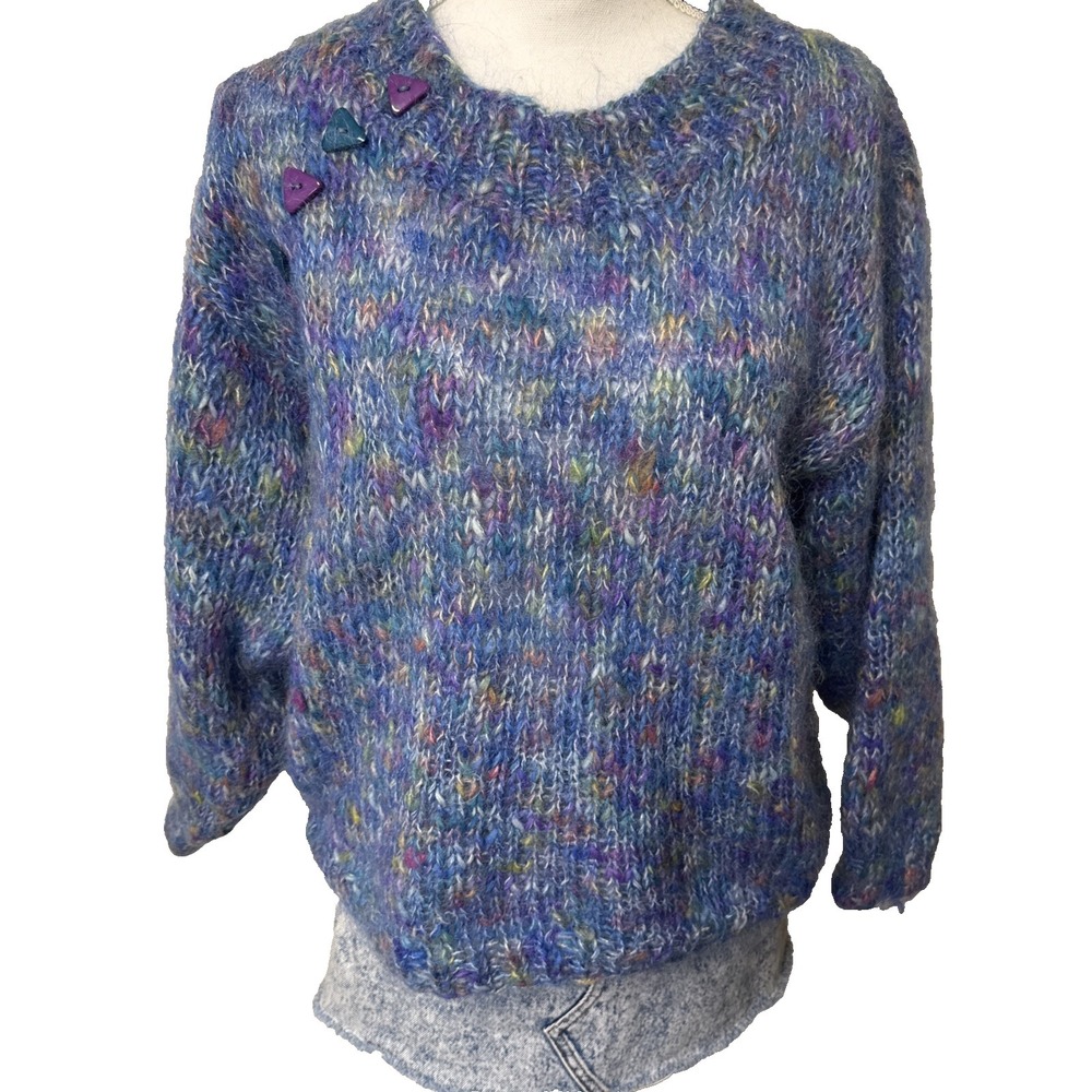 Vtg Hand Knit Sweater Fuzzy Eyelash Women Lrg Xlrg Y2K 90s Colorful Artsy Beachy